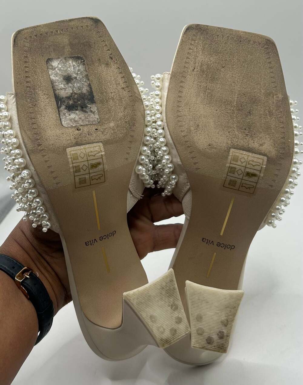 Dolce Vita Pearl Embellished Mule Heels Cream Square Sandals Size 7.5 - Picture 5 of 8